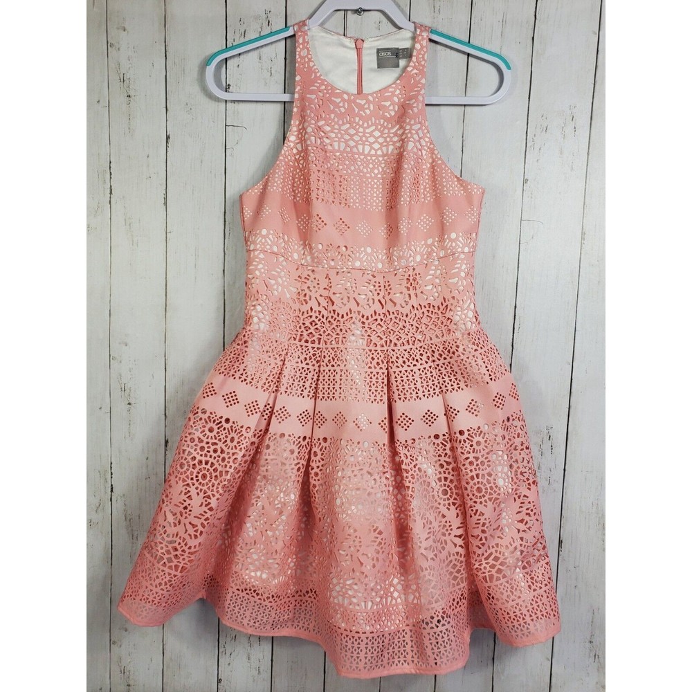 ASOS Fit N Flare Dress Women's Size 4 Pink Laser Cut Pleated Short